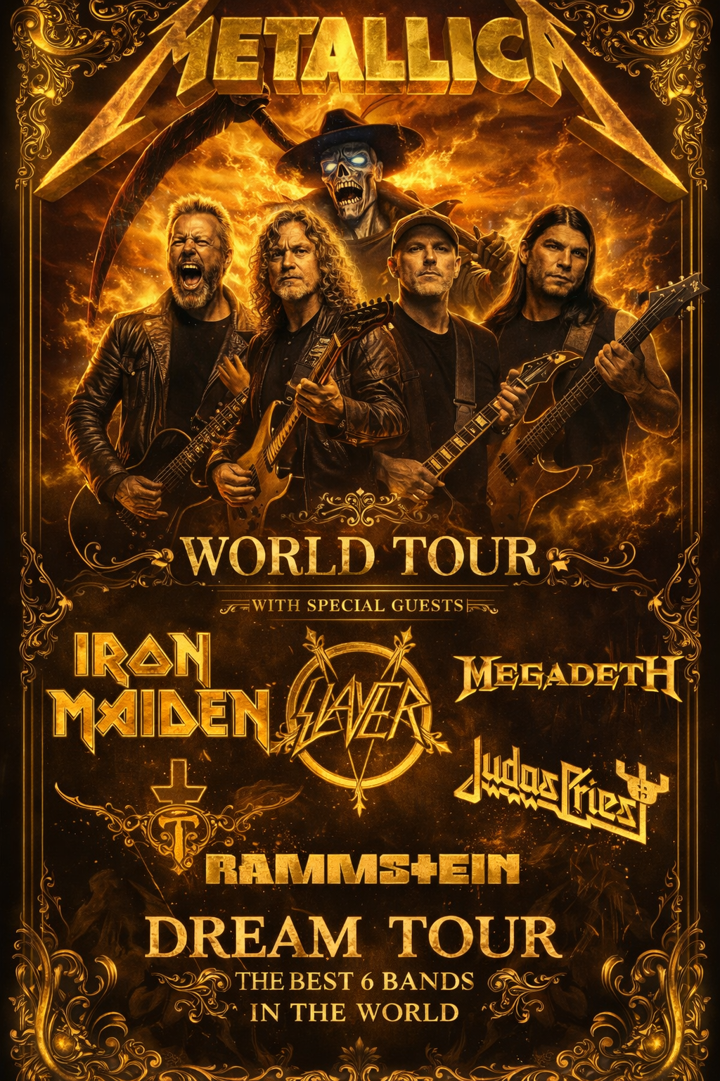 METALLICA’S GOLDEN DREAM TOUR EXPLODES: Six Metal Titans Unite for the Most Insane World Stage Ever Forged in Fire, Brotherhood, and Pure Riff Power Bringing Fans a Once-in-a-Lifetime Global Spectacle of Legends Standing Shoulder to Shoulder Under One Blazing Banner…. See more